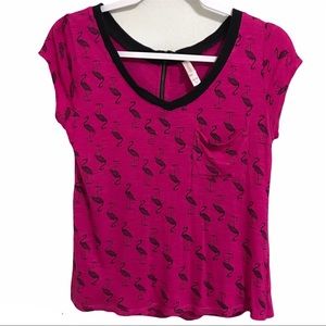 SALE Flamingo Print  Short Sleeve V-Neck Pink Top